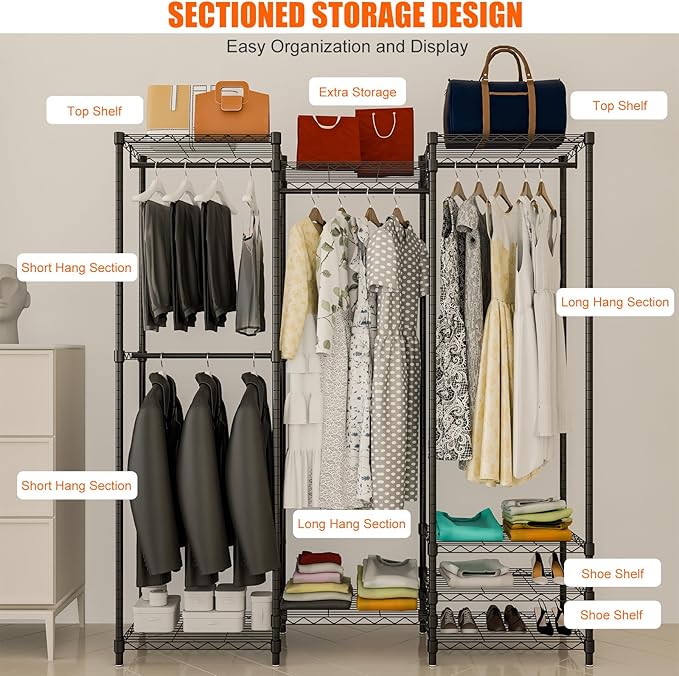 Portable Clothes Rack Max Load 900LBS | Heavy Duty Closet Wardrobe | 68.1" W x 14.6" D x 76.3" H | Freestanding Clothing Rack with 4 Hang Rods & 8 Shelves | Black