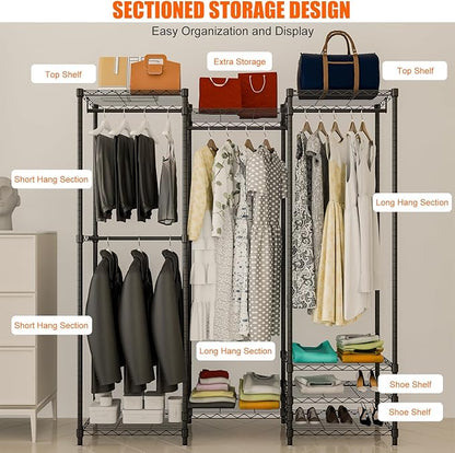 Portable Clothes Rack Max Load 900LBS | Heavy Duty Closet Wardrobe | 68.1" W x 14.6" D x 76.3" H | Freestanding Clothing Rack with 4 Hang Rods & 8 Shelves | Black