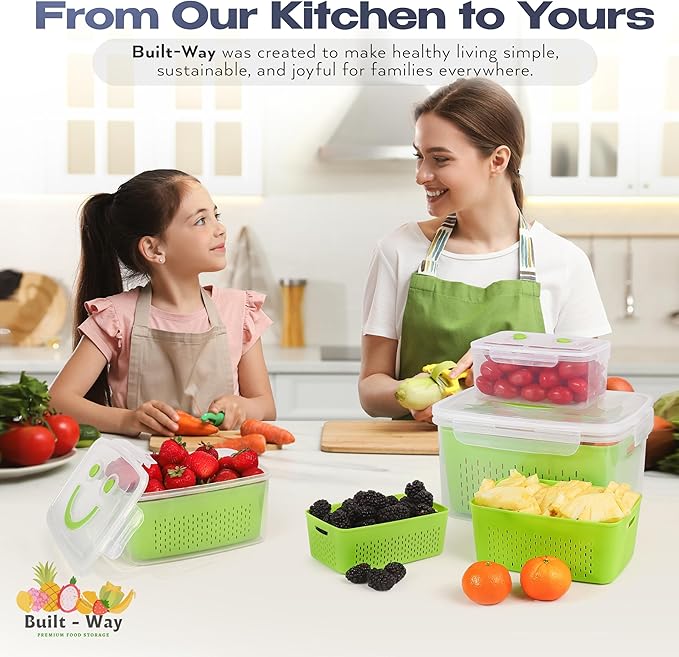 Built-Way Fruit Storage Smiley Containers for Fridge - Keep Fresh with BPA-Free Lids - Ideal Vegetable & Berry Organizer - 4 Pack Dishwasher Safe Produce Saver - Stackable Containers with Drain Tray