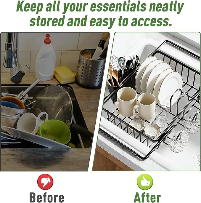KUK Dish Drying Rack in Sink, Expandable Stainless Steel Over The Sink Dish Rack with Cutlery Holder & Cup Holders, Large Kitchen Racks for Dishes Vegetables Fruits (Black)