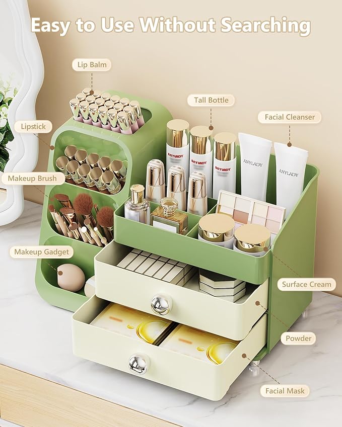 Anylady Makeup Organizer with Drawers, Skincare Organizer (Large Size Thick), Storage Box Cosmetic Display Cases, Make up Organizers for Vanity, Dresser, Desk, Kitchen, Countertop (green)