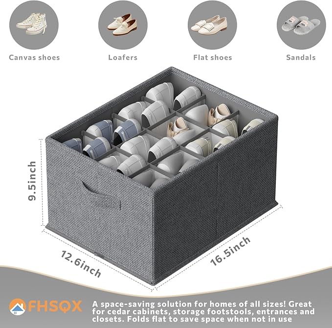 FHSQX 4 Pack Shoe Organizer for Closet,Foldable Shoe Organizer,Fits up to 48 Pairs,Storage Containers with Bottom Support for Shoes (Dark Grey, (16.5 * 12.6 * 9.5) x4)