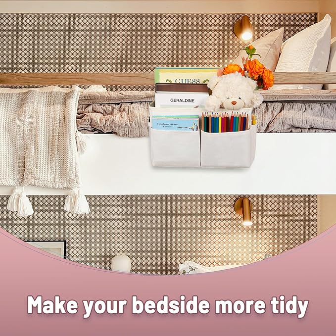 Frjjthchy Bedside Storage Organizer 5 Pockets with 4 Hooks Hanging Storage Bag for Headboards/Bunk Bed (White)