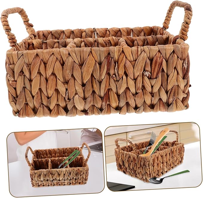 Storage Basket Lid Cutlery Organizer Hyacinth Woven Silverware Organizer Snack Basket