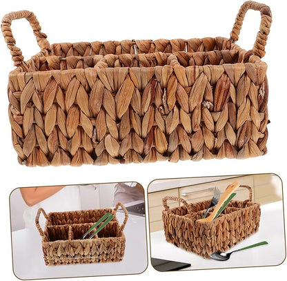 Storage Basket Lid Cutlery Organizer Hyacinth Woven Silverware Organizer Snack Basket