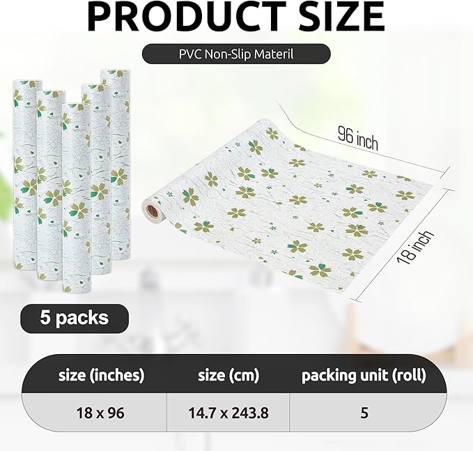 RAY STAR 18X96 Inch Shelf Liner for Kitchen Cabinets, Non-Adhesive Cabinet Liner Washable, PVC Drawer Liner for Dresser Non-Slip Bathroom (Green-Floral)(5 Roll)