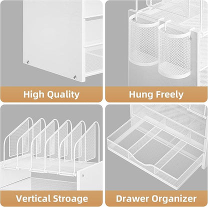 Marbrasse Desk organizer with Drawer, 4-Tier Wooden File Organizer with 5 Vertical File Holders and 2 Pen Holders, Desk Organizers and Accessories for Home Office - White