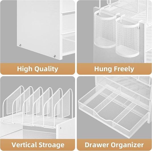 Marbrasse Desk organizer with Drawer, 4-Tier Wooden File Organizer with 5 Vertical File Holders and 2 Pen Holders, Desk Organizers and Accessories for Home Office - White