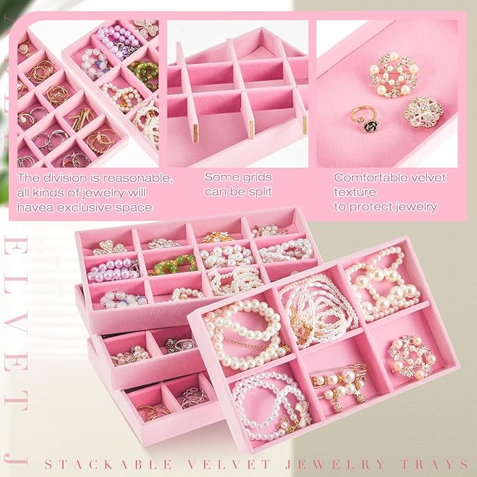 Junkin 12 Pcs Jewelry Tray Velvet Stackable Jewelry Organizer Trays Divided Earring Accessories Storage Containers Box (Rose Red)
