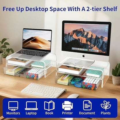 OPNICE Acrylic Clear Desk Organizers and Accessories, 2-Tier Computer Monitor Stand Riser with Drawer, Laptop Stand, Office Desk Accessories for Office Supplies, Transparent