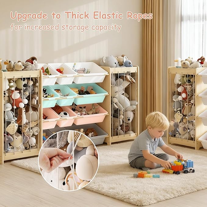 Large Toy Storage Organizer, Wooden Stuffed Animal Storage & 12-Bins Toy Organizer, Double-Sided Plush Toy Holder Featuring Thicker Ropes, Space Save Playroom Nursery Bedroom Storage, Multi