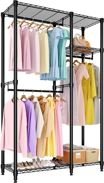 Portable Clothes Rack Heavy Duty Garment Rack, Large Freestanding Closet Wardrobe with Adjustable Shelves & 3 Hanging Rods, Closet Organizer and Storage for Bedroom Cloakroom, 76.5"H x 41.6"L x 15.5"W