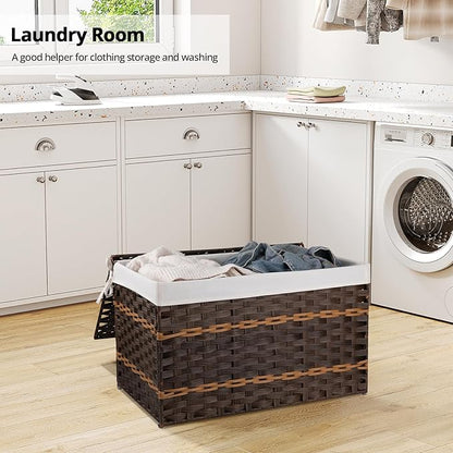 OIAHOMY Storage Basket with Lid, 27.7 Gallon (105L) Blanket Basket with Removable Liner Bag, Synthetic Wicker Hamper with Handle, Hamper for Living Room, Brown