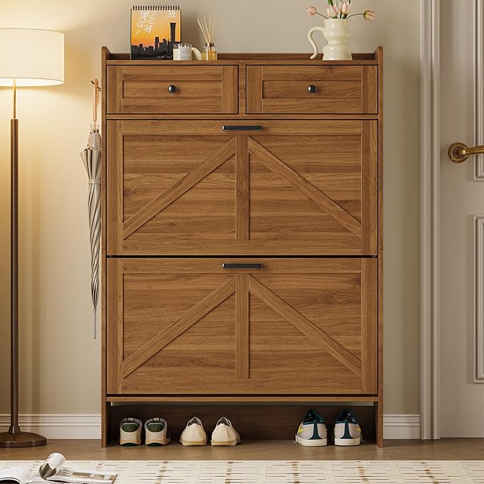 Shoe Storage Cabinet for Entryway, Farmhouse Narrow Shoe Cabinet with 2 Flip Drawers & Top Drawers, Adjustable Shelves & Hooks, Freestanding Hidden Rack Organizer for Hallway, Foyer