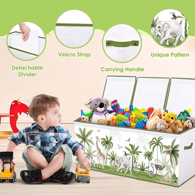 Toy Storage Bin with Lids,Extra Large Toy Box Chest with Handles for Kids Boys Girls,Collapsible Storage Organizer Box Bin Basket for Bedroom,Playroom, Nursery,37.8"x12.6" x15.7",Forest animals