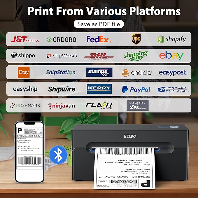 Nelko Bluetooth Thermal Shipping Label Printer, Wireless 4x6 Shipping Label Printer for Small Business, Support Android, iPhone and Windows, Widely Used for Amazon, Ebay, Shopify, Etsy, USPS