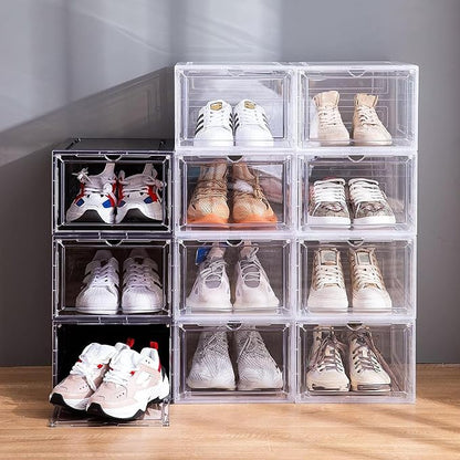 Attelite Shoe Box Organizer,Set of 6,Stackable Plastic Shoe Box with Clear Door, Shoe Storage Box Containers,For Display Sneakers,Easy Assembly,Fit up to US Size 12(13.4”x 10.6”x 7.4”)