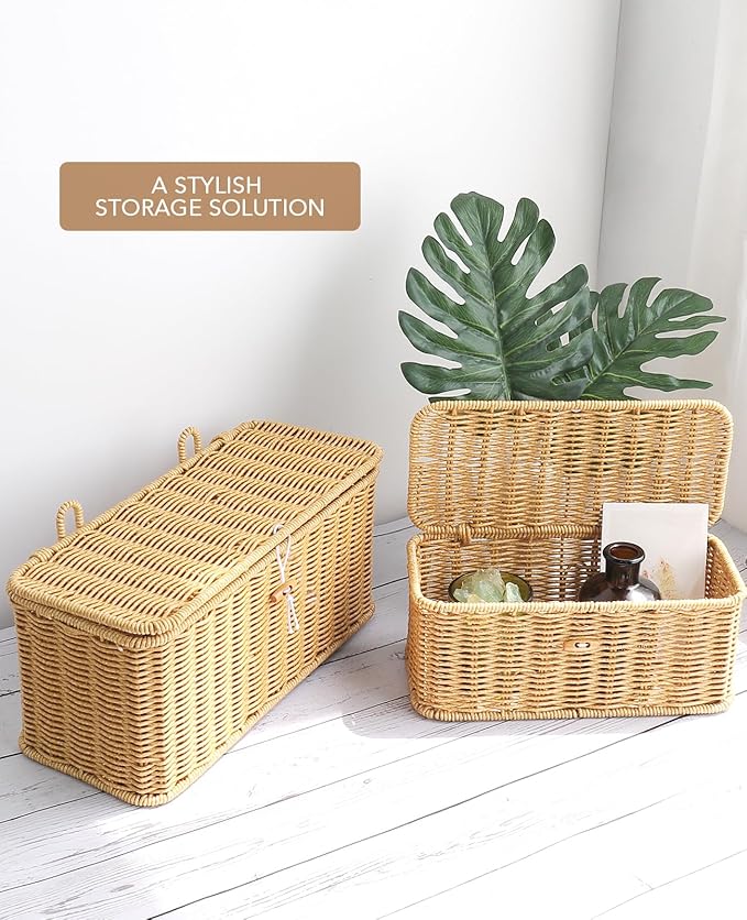 AceList Set of 2 Wicker Storage Basket with Lid, Rectangular Waterproof Handwoven Basket with Lid & Hooks, Boho Decorative Box for Organizing Home, Kitchen, and Room