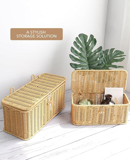 AceList Set of 2 Wicker Storage Basket with Lid, Rectangular Waterproof Handwoven Basket with Lid & Hooks, Boho Decorative Box for Organizing Home, Kitchen, and Room