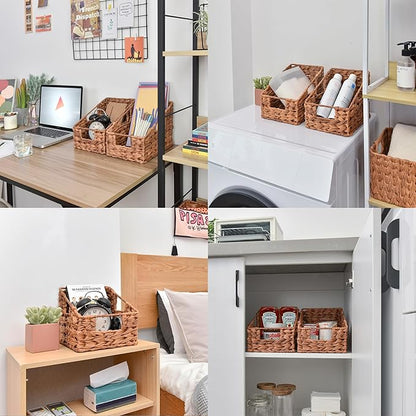 GRANNY SAYS Wicker Storage Baskets for Shelves, Trapezoid Woven Basket with Handles, Waterproof Storage Wicker Baskets for Organizing Pantry Cabinet, Caramel Orange, 2-Pack