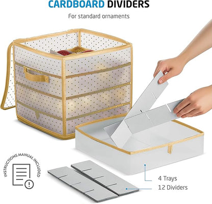 ZOBER Christmas Ornament Storage Box Plastic - Stores 64 3" Ornaments with Individual Trays - Ornament Organizer Storage Box, Durable Christmas Containers Holder - Gold
