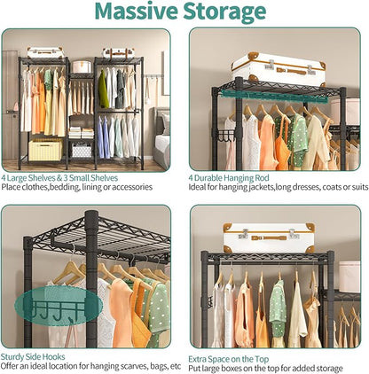 Heavy Duty Garment Rack, Portable Wardrobe Clothes Rack Freestanding Adjustable Clothing Rack with 7 Tiers Adjustable Wire Shelving and 4 Hanger Rods, Max Load 920LBS