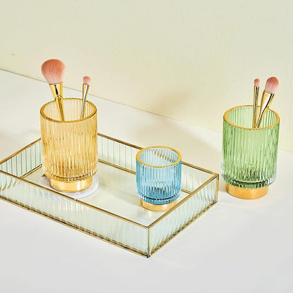 LEICURACE Makeup Brush Holder Organizer,Toothbrush Holders,Desk Pen Pencil Holder,Multifunctional Vintage Glass Brush Cup（L/Gold/A3-7-US）