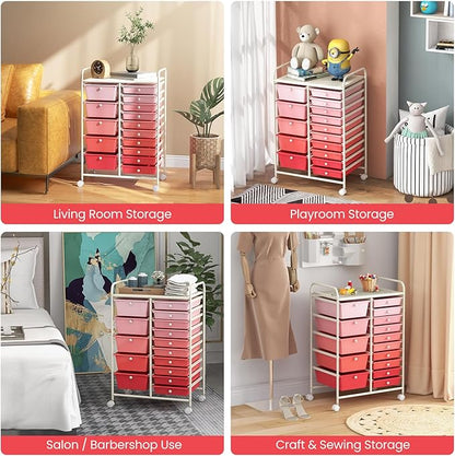 KOTEK 15-Drawer Rolling Storage Cart, Multipurpose Mobile Utility Cart with 4 Wheels, Home Office School Tools Scrapbook Paper Organizer (Pink)