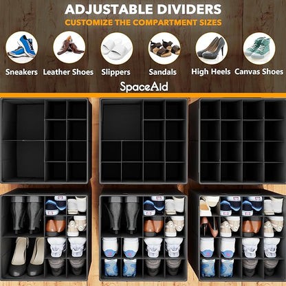 SpaceAid Shoe Organizer for Closet, 2 Pack Foldable Shoe Storage Containers Baskets Boxes Bins w/Adjustable Dividers, Fits 16-32 Pairs, Black