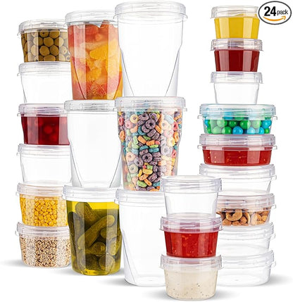 PLASTICPRO 24 Pack Twist Top Containers Assorted Sizes Plastic Food Storage Containers with Clear Twist on Lids Stackable Reusable