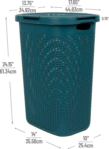 Mind Reader Slim Laundry Hamper with Lid, 60L Clothes Basket, Premium Wicker Design, Plastic, Blue