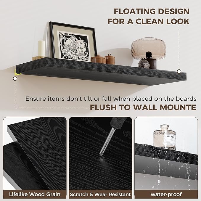 Fun Memories 12 Deep Floating Shelves for Wall | 30W x 12D Large Floating Shelves | 3 Pack Storage Space Wall Mount Shelf for Living Room Bathroom Toilet Laundry Room Kitchen Home Office - Black