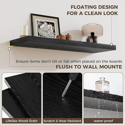 Fun Memories 12 Deep Floating Shelves for Wall | 30W x 12D Large Floating Shelves | 3 Pack Storage Space Wall Mount Shelf for Living Room Bathroom Toilet Laundry Room Kitchen Home Office - Black