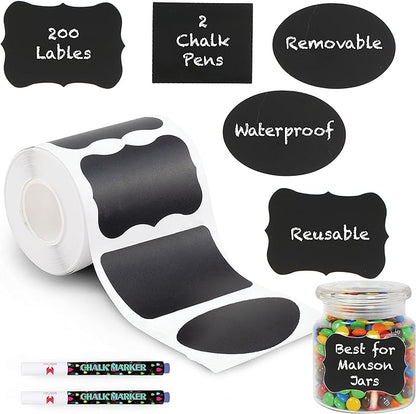 Mantah 200pcs Multiple Shapes Chalkboard Labels with 2 White Chalk Markers, Reusable Waterproof Jar Labels for Storage, Food Containers, Office Use