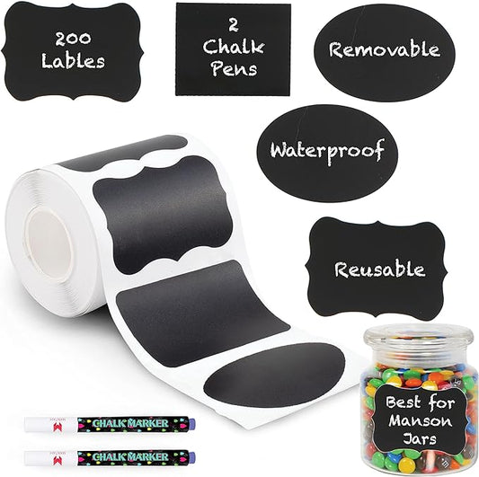 Mantah 200pcs Multiple Shapes Chalkboard Labels with 2 White Chalk Markers, Reusable Waterproof Jar Labels for Storage, Food Containers, Office Use