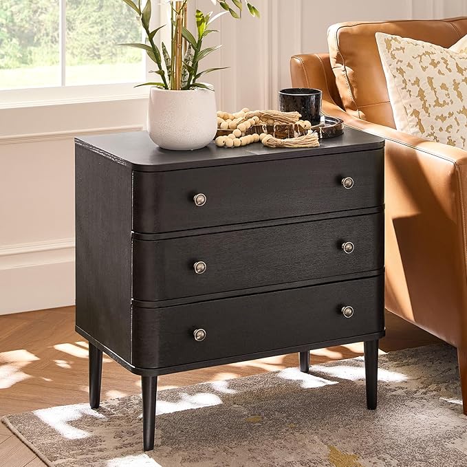 HULALA HOME Modern End Table with Charge Station, 3 Drawer Wood Side Table with Solid Wood Legs & Adjustable Feet, Curved Design End Table, Charcoal