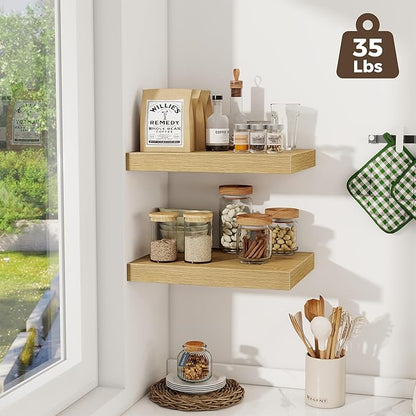 Fun Memories 12 Inch Deep Floating Shelves, 16 x 12 Wooden Wall Shelves, Extra Deeper & Thicker Rustic Wall Mounted Storage Shelf for Fireplace, Living Room, Kitchen, Farmhouse, Oak - 3Pack