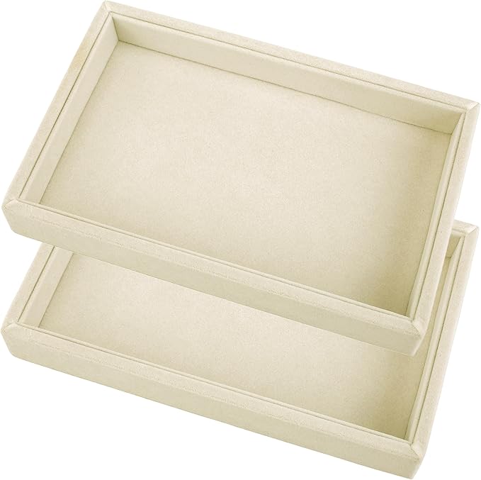 Mornajina 2 Pcs 9" x 5.7" Velvet Jewelry Tray Jewelry Display Tray, Stackable Empty Plate Trays for Earrings Necklaces Bracelet Rings Display Showcase - Light Khaki
