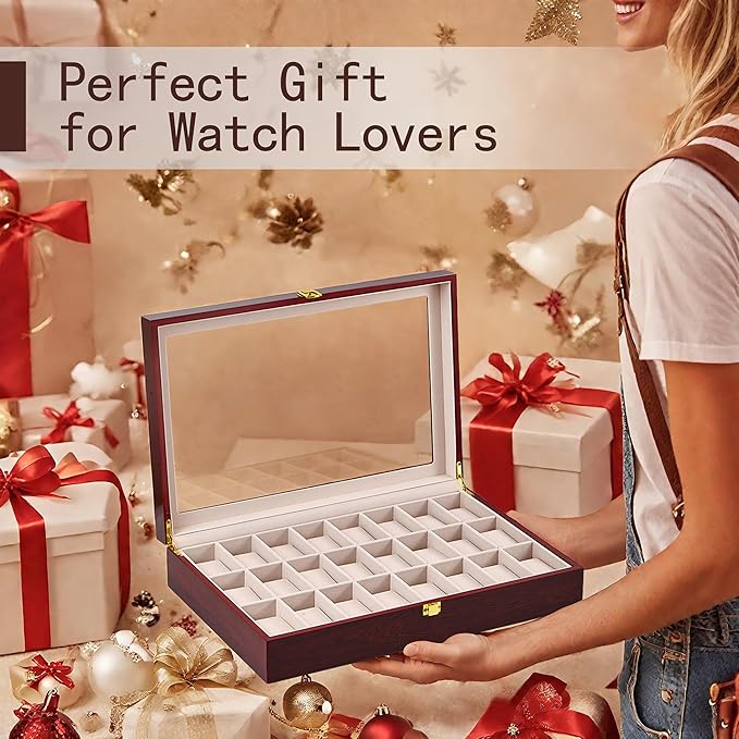 Baojulong 24-Slot Red Wooden Watch Box, Watch Organizer with Clear Lid, Suitable for Various Watches