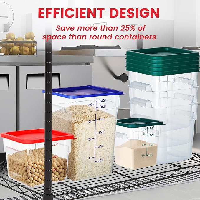 BIEAMA 4 Pack Food Storage Containers, 8 Quart with Lids, Square Commercial Containers with Scale, NSF, Polycarbonate, Clear