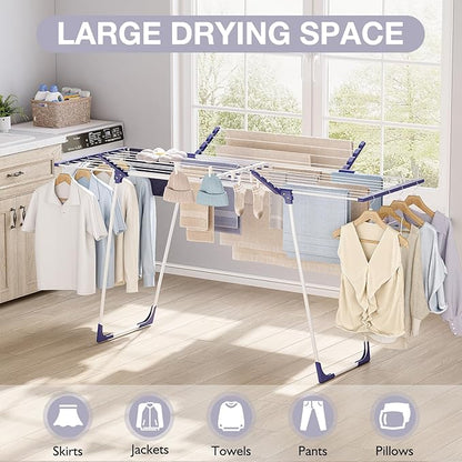 APEXCHASER Clothes Drying Rack - Foldable Laundry Rack Indoor Outdoor, Gullwing Drying Rack Clothing with 10pcs Clips + Bag, Collapsible Space-Saving Clothes Rack for Drying Towels Dolls, White