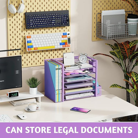 Simple Trending 6 Tier Desk File Organizer, Paper Letter Tray Organizer with File Holder and Pen Container, Purple