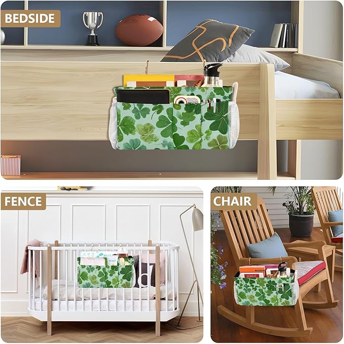 CuwrYet Bedside Caddy Hanging Bunk Bed Caddy Bed Organizer Hanging Pocket with 2 Hooks Bedside Storage Organizer Pocket Bag Holder Green Nature St Patrick Clovers
