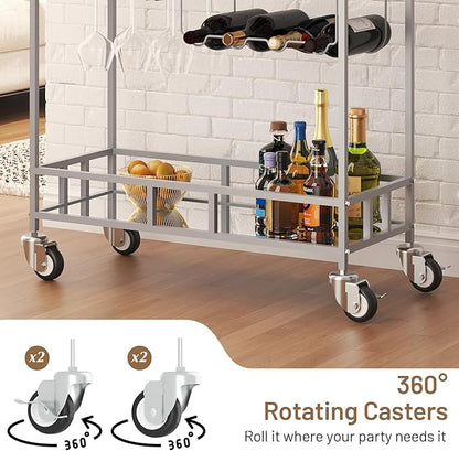 TrailBlaze Silver Mirrored 2-Tier Bar Cart with Wheels – Portable Beverage & Wine Serving Trolley, 4 Bottle Racks & 3 Glass Holders – Modern Metal Design for Home, Kitchen, Dining, Living Room