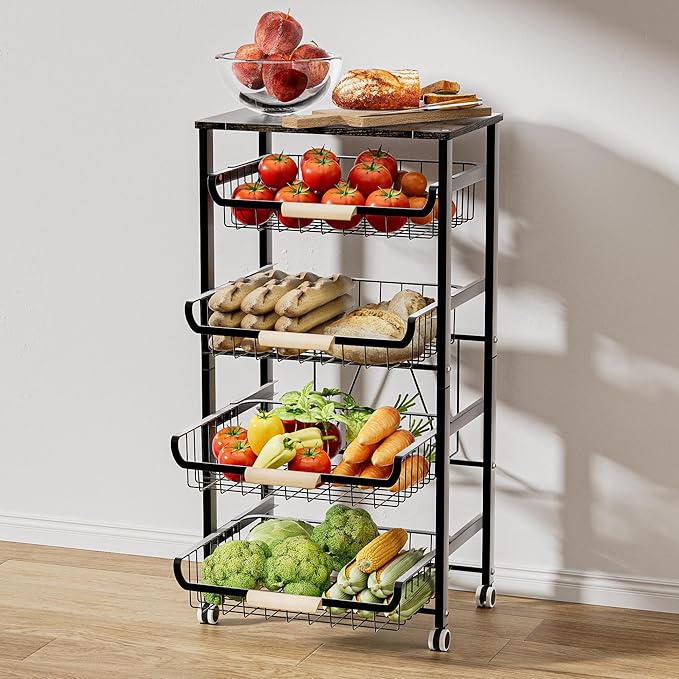 JAQ Fruit Basket for Kitchen, 5-Tier Slide Out Storage Baskets Carts Organizers Drawers with Wood Top Table with Rolling Wheels for Snacks Vegetables Vianderos para Cocina Modernos (Black, 5 Layer)