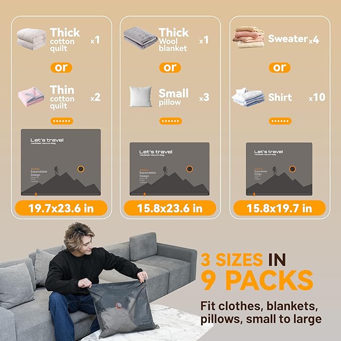 VACKFOX Travel Vacuum Bags with Wireless Pump, 9 Pack Vacuum Storage Bags with Powerful -58KPa Suction, for Maximum Compression in Luggage, Suitcase, Travel and Home Use for Clothes and Blankets