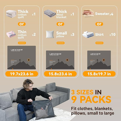 VACKFOX Travel Vacuum Bags with Wireless Pump, 9 Pack Vacuum Storage Bags with Powerful -58KPa Suction, for Maximum Compression in Luggage, Suitcase, Travel and Home Use for Clothes and Blankets