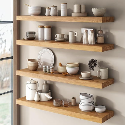 Elm Floating Shelves for Wall Decor, Rustic Solid Wood Shevles Wall Mounted with Invisible Bracket for Living Room Bathroom Bedroom Kitchen, 24 Inch Set of 2, Natural