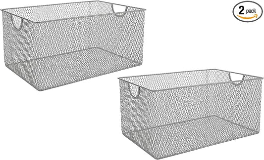 YBM HOME Kitchen Pantry Organizer Wire Basket for Shelves, Cabinets, Pantry, Countertop, Mesh Open Storage Bin Metal Basket for Organizing Food Supplies 12 x 7.8 x 5.8, 2 Pack, Silver