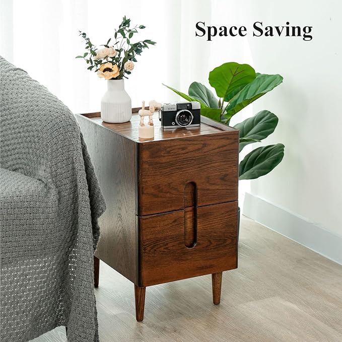 Cttasty Narrow Nightstand, Mid Century Modern Nightstand, Solid Wood Bedside Table, Side Table witn Drawers (Walnut, 11.81inches)